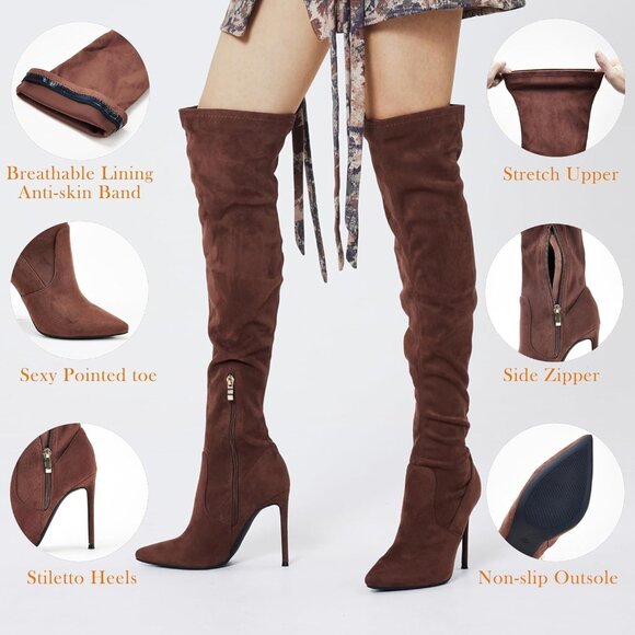 Women Faux Suede Brown Polyurethane Over The Knee Stiletto Heel Pointed Boots - Picture 3 of 5